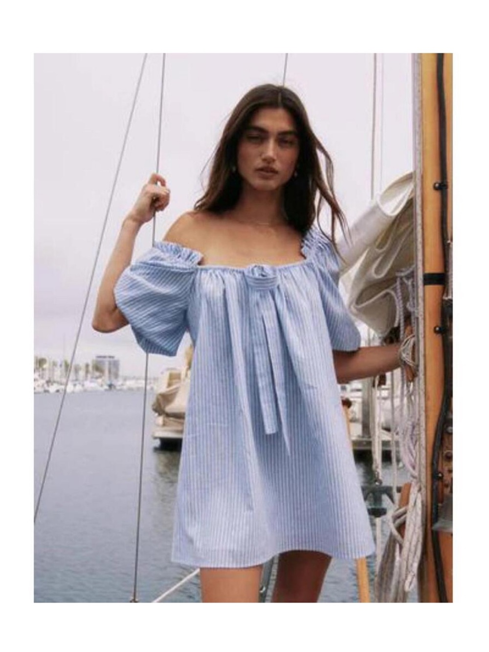 Rumored Darling blue striped off the shoulder mini dress puff sleeves